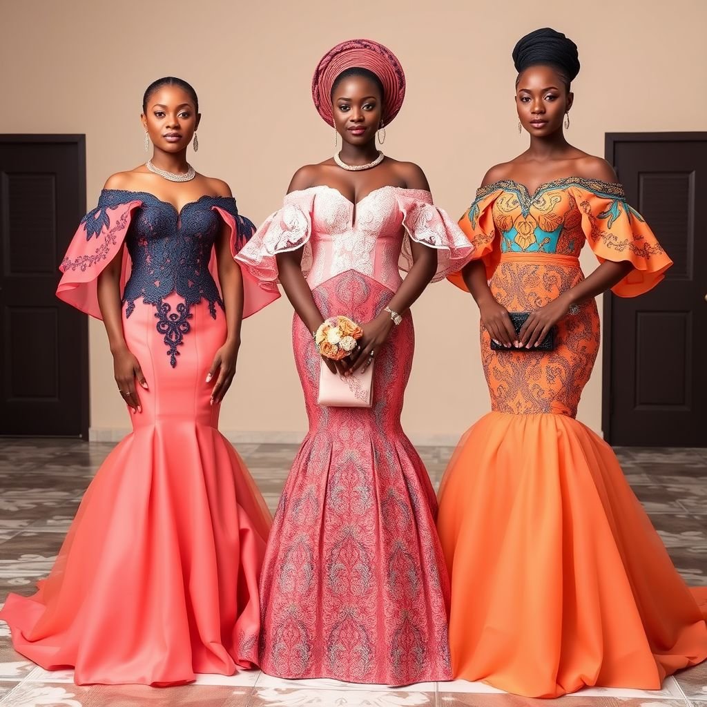 Aso ebi wedding dresses
Imagine vibrant Aso Ebi wedding dresses, blending contemporary elegance with rich Nigerian heritage. Flowing, off-shoulder silhouettes adorned with intricate lace and beadwork feature bold Ankara patterns. The color palette embraces deep jewel tones and pastels. Each gown is complemented by statement accessories, creating a stunning fusion of tradition and modernity for the celebration.