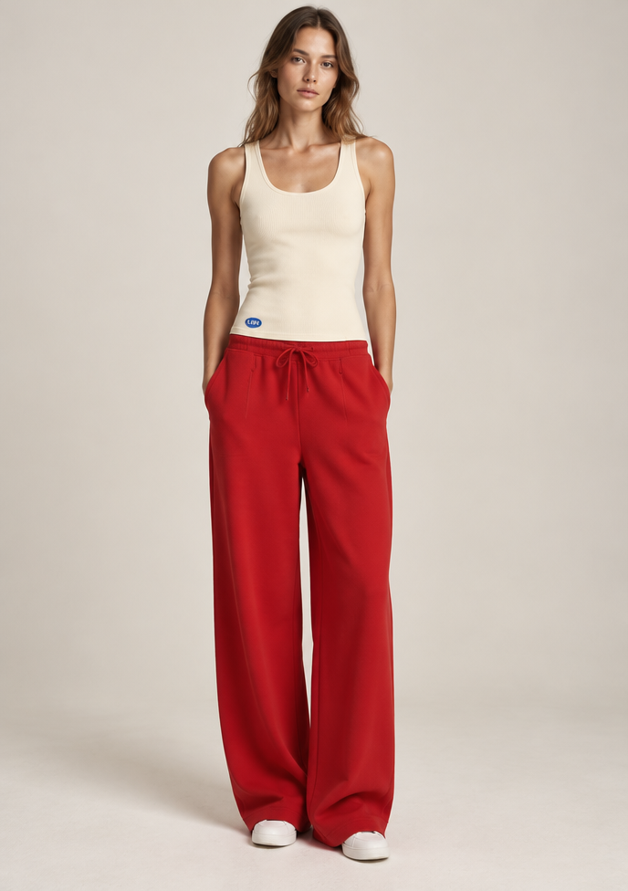Sketch render: Cream tank top and oversized red open leg sweats the blue badge says LSN
Turn this fashion sketch into a photorealistic photograph of the finished garment worn by a model in a studio with soft editorial lighting. Stay faithful to the sketch's silhouette, proportions and details. No text, no annotations, just the finished garment photograph. Fabric, color and styling directions: Cream tank top and oversized red open leg sweats the blue badge says LSN.