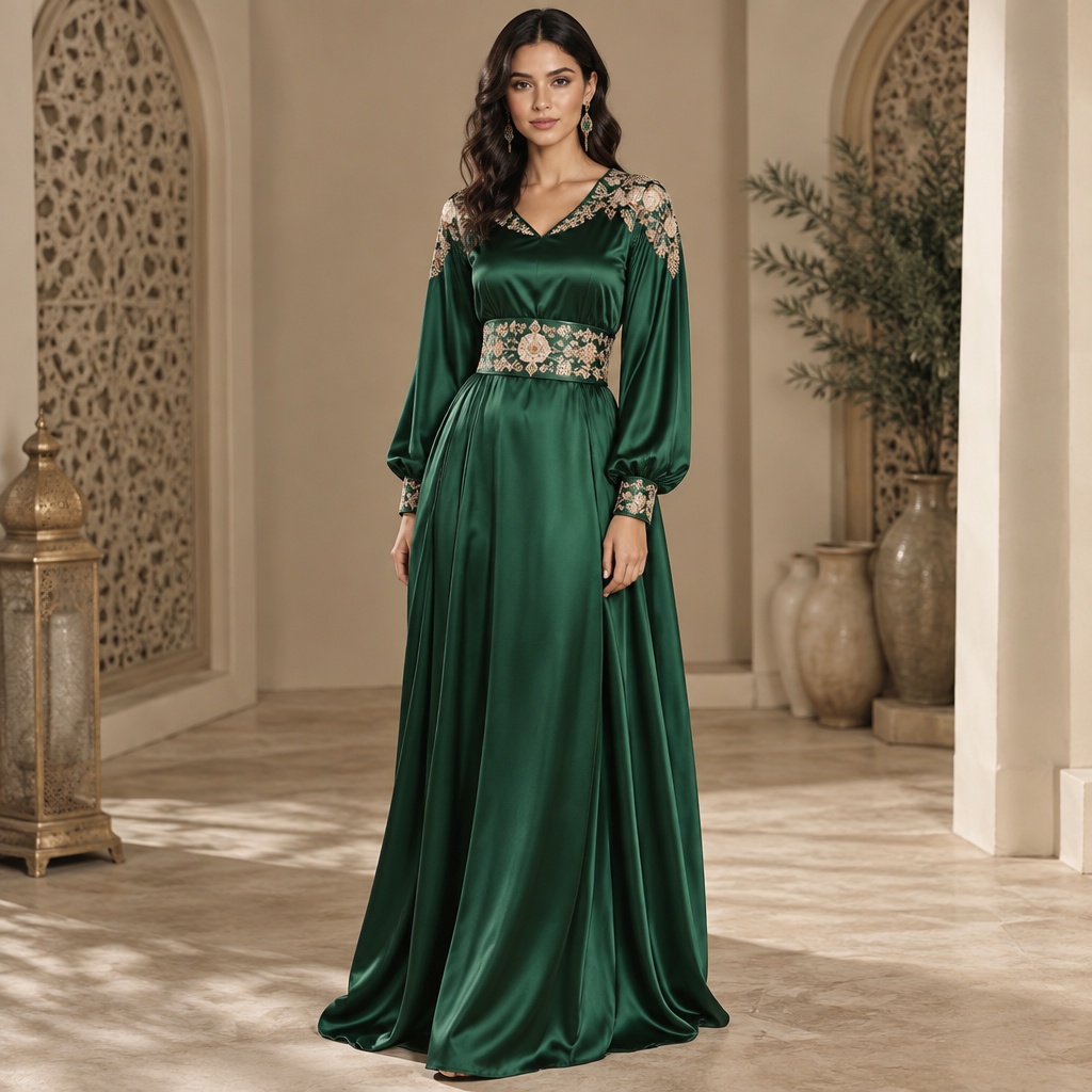A Female Salwar Kameez design. جبة قبايلية بالحرير الاخضر البارد مع حزام خصر بالدنتال المورد وايضا تزييين الاكتاف من فوق بنفس الدانتيل. Algeria fashion aesthetics. Present it as professional fashion catalogue photography: the garment is the subject, shown full-length with editorial styling, neutral posing and tasteful, non-suggestive framing.
photorealistic fashion design, A Female Salwar Kameez design. جبة قبايلية بالحرير الاخضر البارد مع حزام خصر بالدنتال المورد وايضا تزييين الاكتاف من فوق بنفس الدانتيل. Algeria fashion aesthetics. Present it as professional fashion catalogue photography: the garment is the subject, shown full-length with editorial styling, neutral posing and tasteful, non-suggestive framing., just the design no text