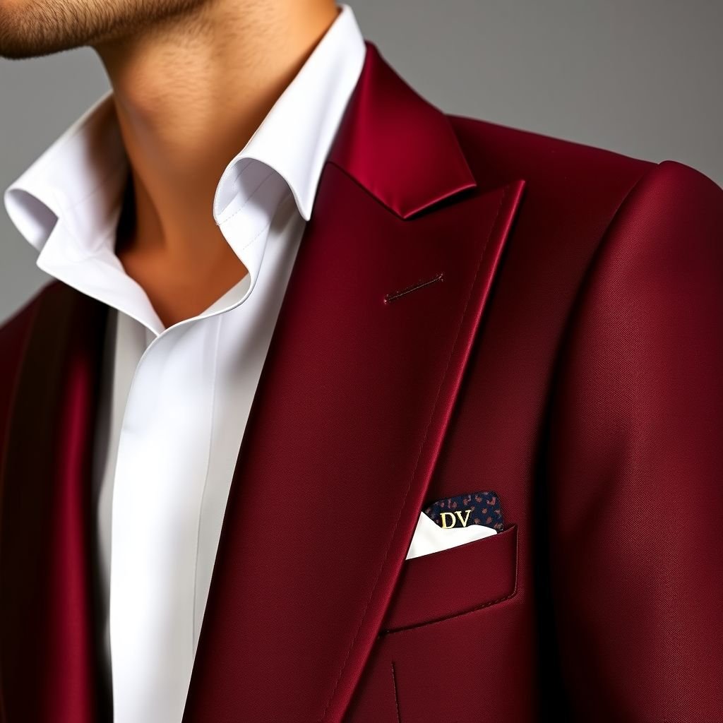Men’s unique suit, burgundy , with mini leopard print on it. “DV on sleeve in small print
Design an elegant men’s suit in deep burgundy, impeccably tailored with a subtle mini leopard print woven into luxurious fabric. The jacket should feature a refined slim cut, complemented by sharp lapels and a satin finish. Add “DV” in delicate embroidery on the sleeve, ensuring sophistication in every detail.