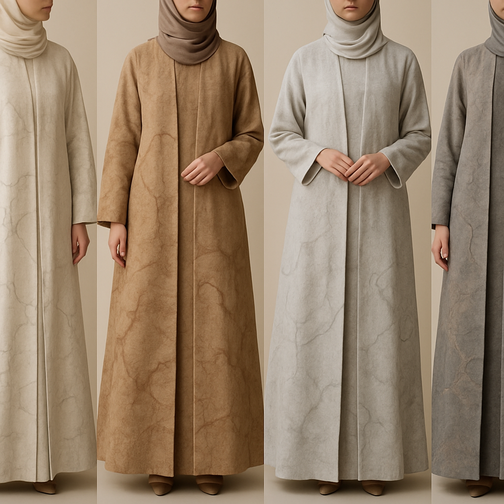 Create a modest two-piece linen abaya, the first of its kind, featuring a unique stone design that exudes a classy and sophisticated vibe. I’d like four designs, each showcasing different styles and fabrics. Incorporate high-end, unique chic stone designs to make them truly special. Add little sophisticated stone designs.

Create a modest two-piece linen abaya, the first of its kind, featuring a unique stone design that exudes a classy and sophisticated vibe. I’d like four designs, each showcasing different styles and fabrics. Incorporate high-end, unique chic stone designs to make them truly special. Add little sophisticated stone designs.