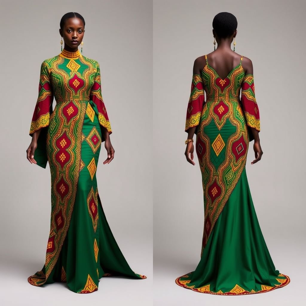 Kente
Design a stunning Kente-inspired gown featuring vibrant, geometric patterns in rich gold, green, and red. The silhouette blends traditional and modern aesthetics, incorporating flowing sleeves and a high-low hemline. Accentuate with oversized beaded accessories and intricate embroidery, celebrating the essence of African heritage and craftsmanship in a contemporary fashion context.