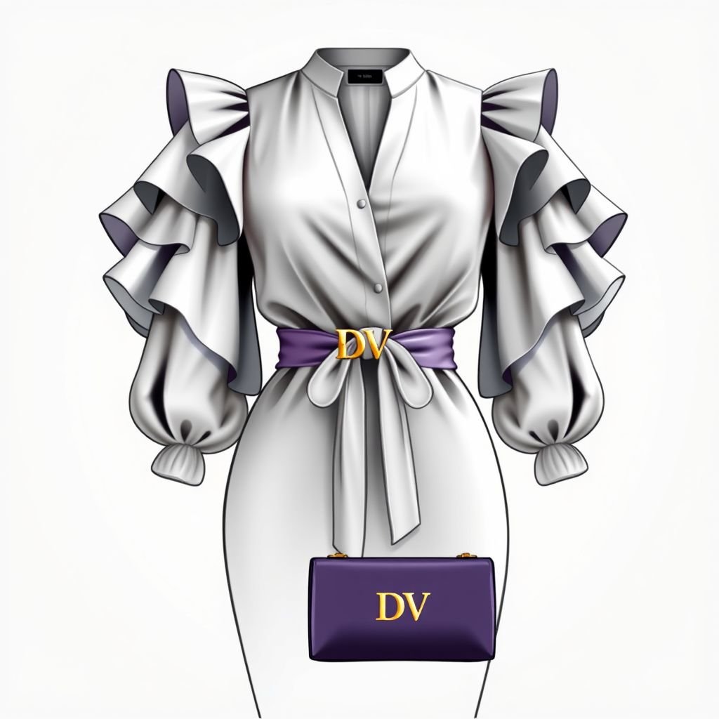Rafferiza Women's Double-Layer Ruffle Sleeve Tie-Front Blouse, with a belt around waist that says “DV” and “DV” on tag inside shirt. With heels on that has “DV” on bottom and a purse with DV on it to match the dress and heels
Design an elegant Rafferiza women's blouse featuring double-layer ruffle sleeves that cascade gracefully. The tie-front creates a refined silhouette, cinched by a luxurious belt emblazoned with “DV” around the waist. Pair with chic heels bearing “DV” on the sole, complemented by a matching purse for a cohesive, sophisticated look.