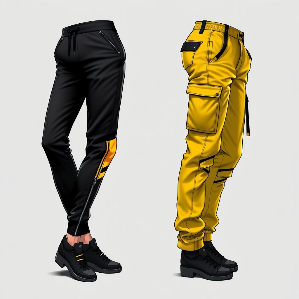 2 High-detail Pants: One technical jogger (zip ankles, side snaps) • One cargo/utility trouser with unique pocket placements and adjustable strap elements, Jet Black, Acid Yellow, muted Gold, Smoky Charcoal
Design a pair of high-detail pants featuring a sleek technical jogger with zippered ankles and side snaps for a futuristic vibe. Pair it with an edgy cargo trouser showcasing asymmetric pocket placements and adjustable strap accents. Utilize a bold palette of jet black, acid yellow, muted gold, and smoky charcoal for a striking, urban look.