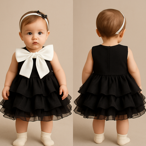 一歳の女の子着用画
ジャケット生地の黒のノンスリーブワンピース、丈は膝上
肩の部分、襟の部分が隠れるように白の大きなリボン

スカートの下の部分は複数枚のオーガンジー（またはシフォン）生地を重ねたフリル
 1枚1枚が軽く波打つようにカールしていて、花びらが重なったような立体感
バルーンのような丸みのあるシルエット

背中に装飾はなし

頭には白のカチューシャ
カチューシャにはちょっとした黒い装飾