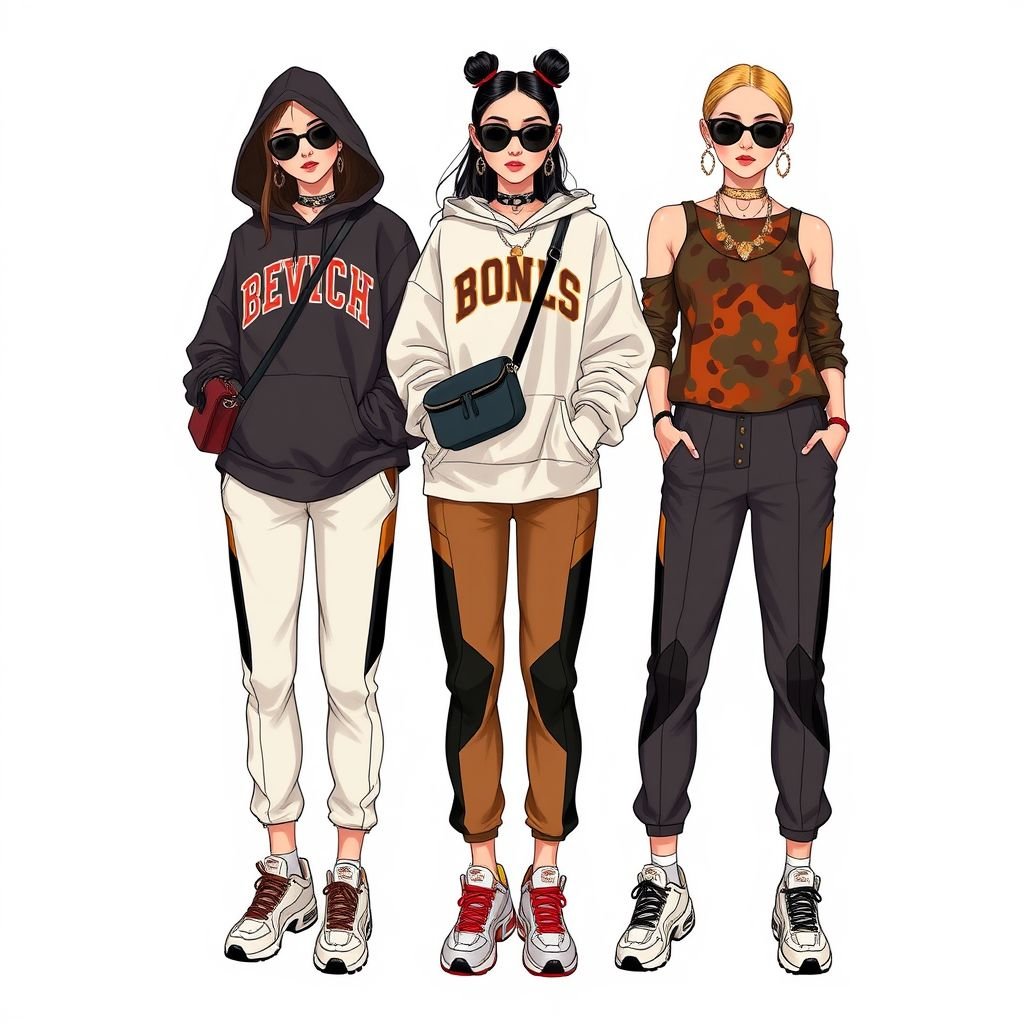 Casual but chic
Design a streetwear outfit that balances casual and chic elements. Imagine oversized, graphic hoodies in muted tones paired with tailored joggers featuring unique paneling. Accessorize with chunky sneakers and a sleek crossbody bag. Incorporate bold, playful patterns and statement jewelry to elevate the look, making it effortlessly stylish for urban environments.
