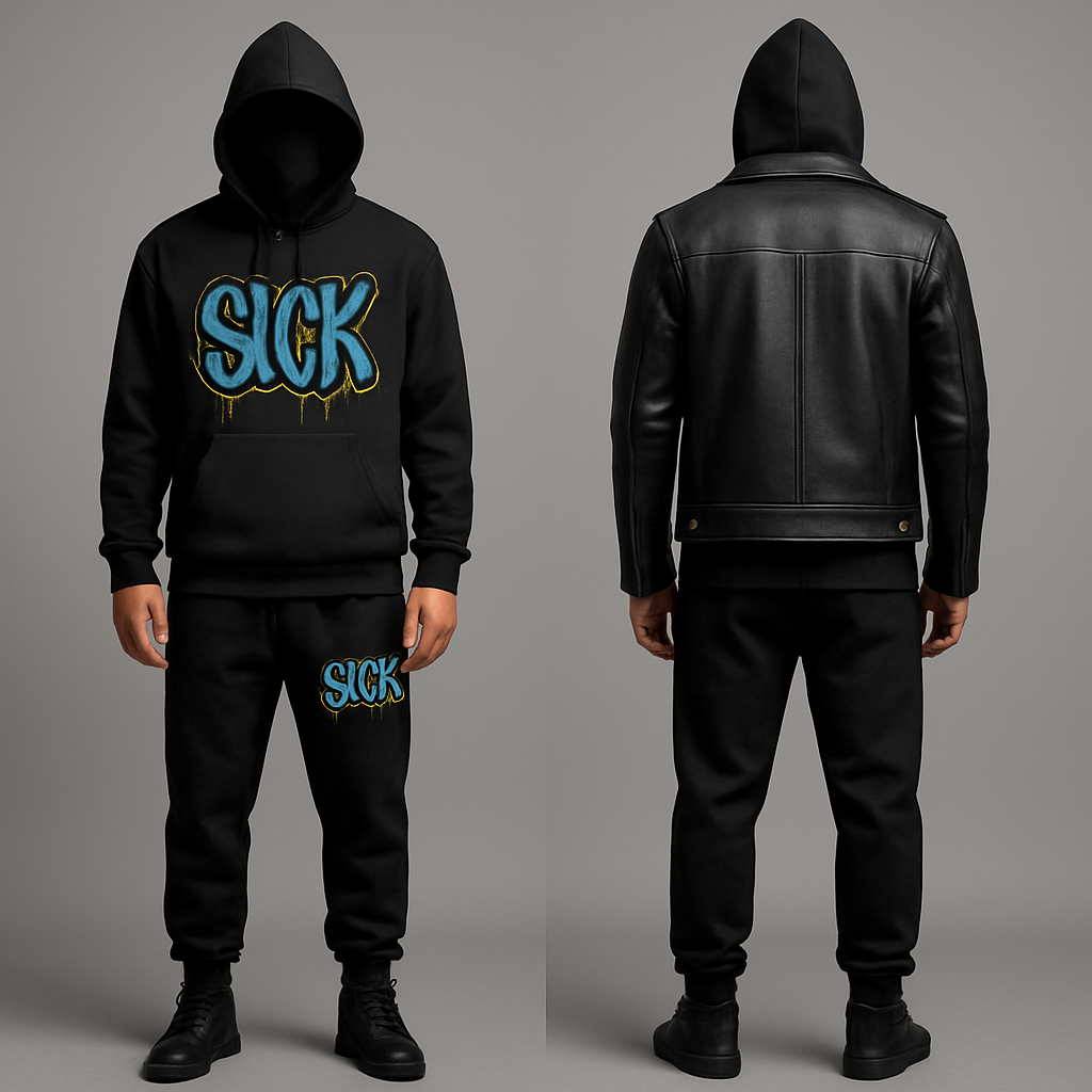 Male street wear with black gold and teal writing Sick label . Hoodie, joggers leather jacket
Male street wear with black gold and teal writing Sick label . Hoodie, joggers leather jacket
, show front and back