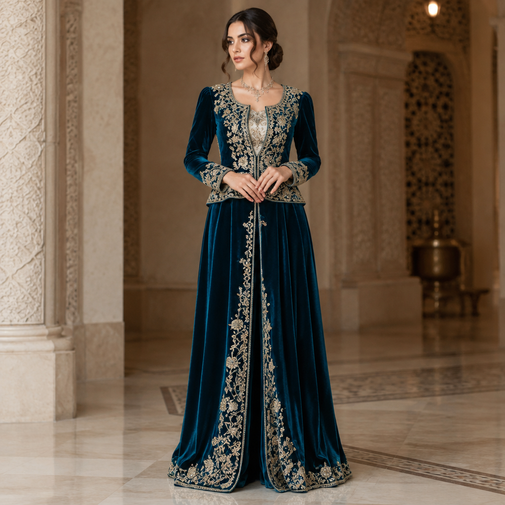 A Female Dress design, suitable for Fall. الكاراكو لباس جزائري تقليدي ترتديه العروس الجزائرية أريد ان يكون عبارة عن قطعتين من قماش القطيفة الحر باللون الازرق البترولي كلتا القطعتين واريد القطعة السفلية ان تكون طويلة ومفتوحة من الاطراف قليلا واريد ان تتزين بالدانتيل المورد هي والقطعة اللتي من فوق. Algeria fashion aesthetics. Present it as professional fashion catalogue photography: the garment is the subject, shown full-length with editorial styling, neutral posing and tasteful, non-suggestive framing.
photorealistic fashion design, A Female Dress design, suitable for Fall. الكاراكو لباس جزائري تقليدي ترتديه العروس الجزائرية أريد ان يكون عبارة عن قطعتين من قماش القطيفة الحر باللون الازرق البترولي كلتا القطعتين واريد القطعة السفلية ان تكون طويلة ومفتوحة من الاطراف قليلا واريد ان تتزين بالدانتيل المورد هي والقطعة اللتي من فوق. Algeria fashion aesthetics. Present it as professional fashion catalogue photography: the garment is the subject, shown full-length with editorial styling, neutral posing and tasteful, non-suggestive framing., just the design no text
