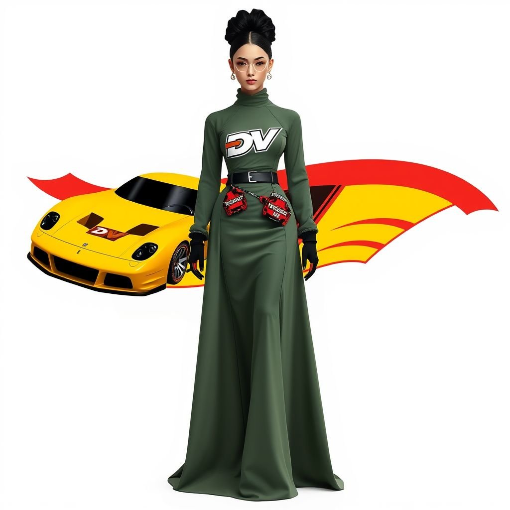 Create me a unique long dress with hot wheel cars hanging from it, with a race car outfit look.met gala dress. But I want it to be modest I want the arms and legs covered. and empowers a Met Gala look. Put “DV” on it somewhere
Design a striking long dress inspired by streetwear, featuring oversized hot wheel cars as playful embellishments. The dress should blend a race car outfit aesthetic with modest elements, fully covering arms and legs. Incorporate bold graphics and textured fabrics, while highlighting “DV” prominently to ensure a fashion-forward Met Gala statement.