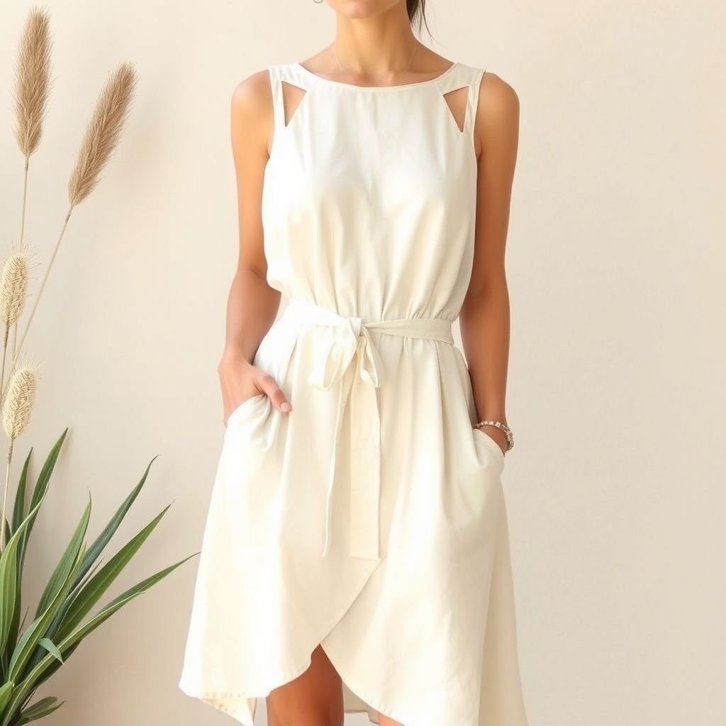 Summer dress minimalist and style eternal
Design a captivating summer dress embodying minimalist elegance and timeless allure. The silhouette features soft, flowing lines with an asymmetrical hem, crafted from lightweight organic cotton in a soft pastel hue. Accentuate with delicate geometric cutouts and a cinched waist belt, creating an effortless yet sophisticated look for every occasion.