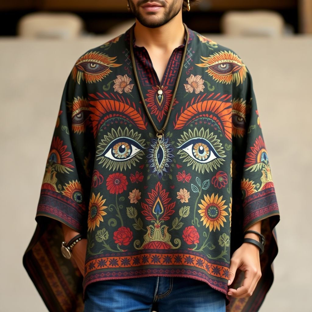 summer boho man dark nood colors poncho which is handpainted of eyes in the nature
Design a summer boho poncho for men, featuring rich, dark earth tones like deep olive and burnt sienna. The fabric is lightweight and hand-painted with intricate eyes, each surrounded by whimsical floral motifs and natural elements, evoking a connection to nature. The poncho flows effortlessly, creating a relaxed yet striking silhouette.