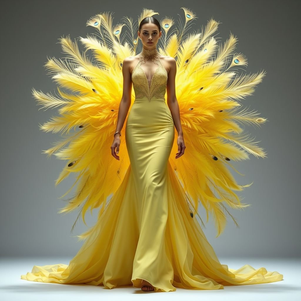 A fancy baby yellow feathered peacock dress that gives runway
Design an exquisite gown inspired by the vibrant hues of a peacock, featuring lavish baby yellow feathers cascading gracefully from a fitted bodice. The dress integrates delicate silk layers for ethereal movement. With a high neckline and flowing train, this elegant masterpiece channels high-fashion sophistication, perfect for a luxurious runway presentation.