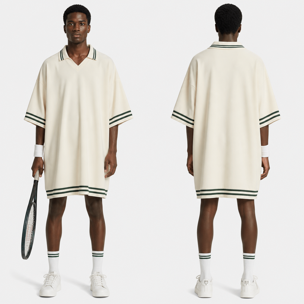 Un joueur de tennis avec une robe oversize.
photorealistic fashion design, Un joueur de tennis avec une robe oversize. , tenniscore style, just the design no text, show front and back