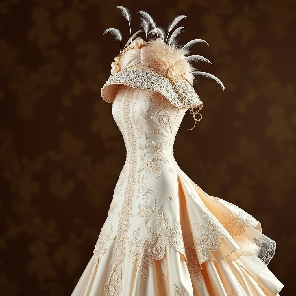 Silk wedding dress for couture with turtle neck finish, an extravagant cap
Design an exquisite vintage-inspired silk wedding dress featuring a sophisticated turtleneck finish. The gown cascades in layers, adorned with delicate lace detailing and intricate embroidery reminiscent of the 1920s. An extravagant cap adds a nostalgic flair, embellished with pearls and feathers, evoking the elegance of a timeless romantic era.
