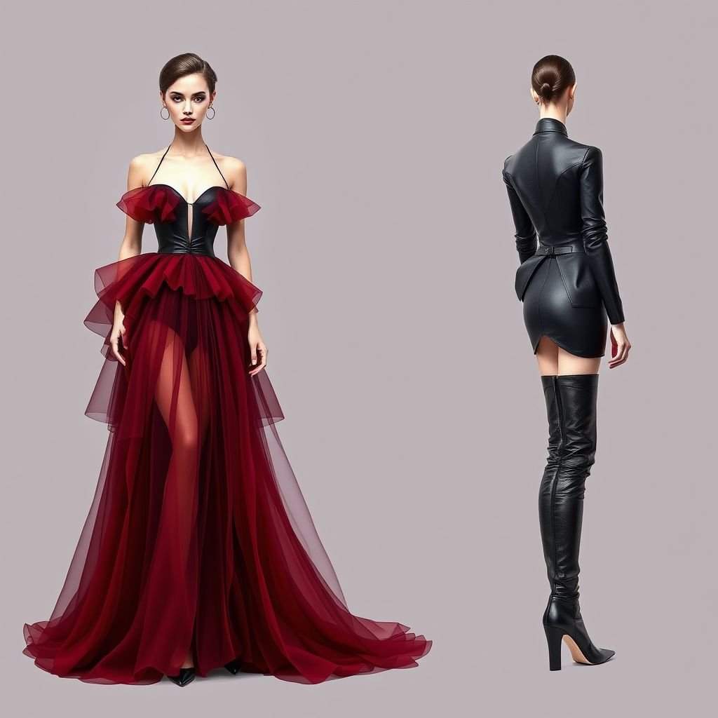 Oxblood, tulle, leather, over the knee boots
Design a striking ensemble blending oxblood tulle with structured leather accents. The gown features cascading layers of sheer tulle that mimic the fluidity of molten metal, paired with sharp leather panels that reflect a fierce aesthetic. Over-the-knee boots in polished metallic leather add an edgy finish, exuding strength and sophistication.