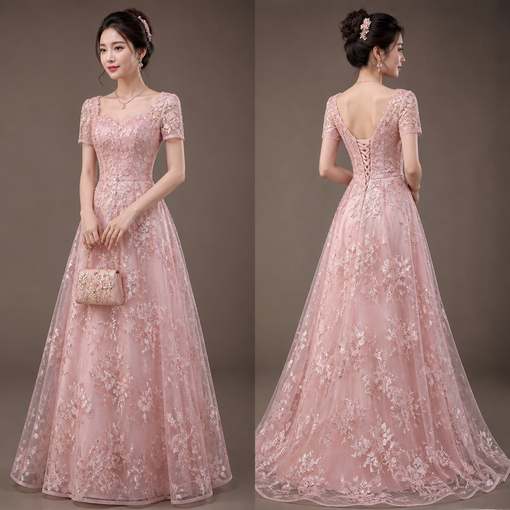 Pink prom dress short sleeves with accessories
photorealistic fashion design, Pink prom dress short sleeves with accessories, asian style, just the design no text, show front and back