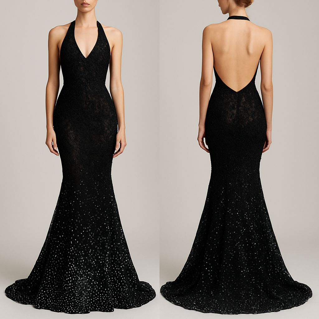 A halter top, backless and sleeveless, a sexy mermaid dress , rhinestones coming up from the bottom . Black Lace dress
A halter top, backless and sleeveless, a sexy mermaid dress , rhinestones coming up from the bottom . Black Lace dress, show front and back