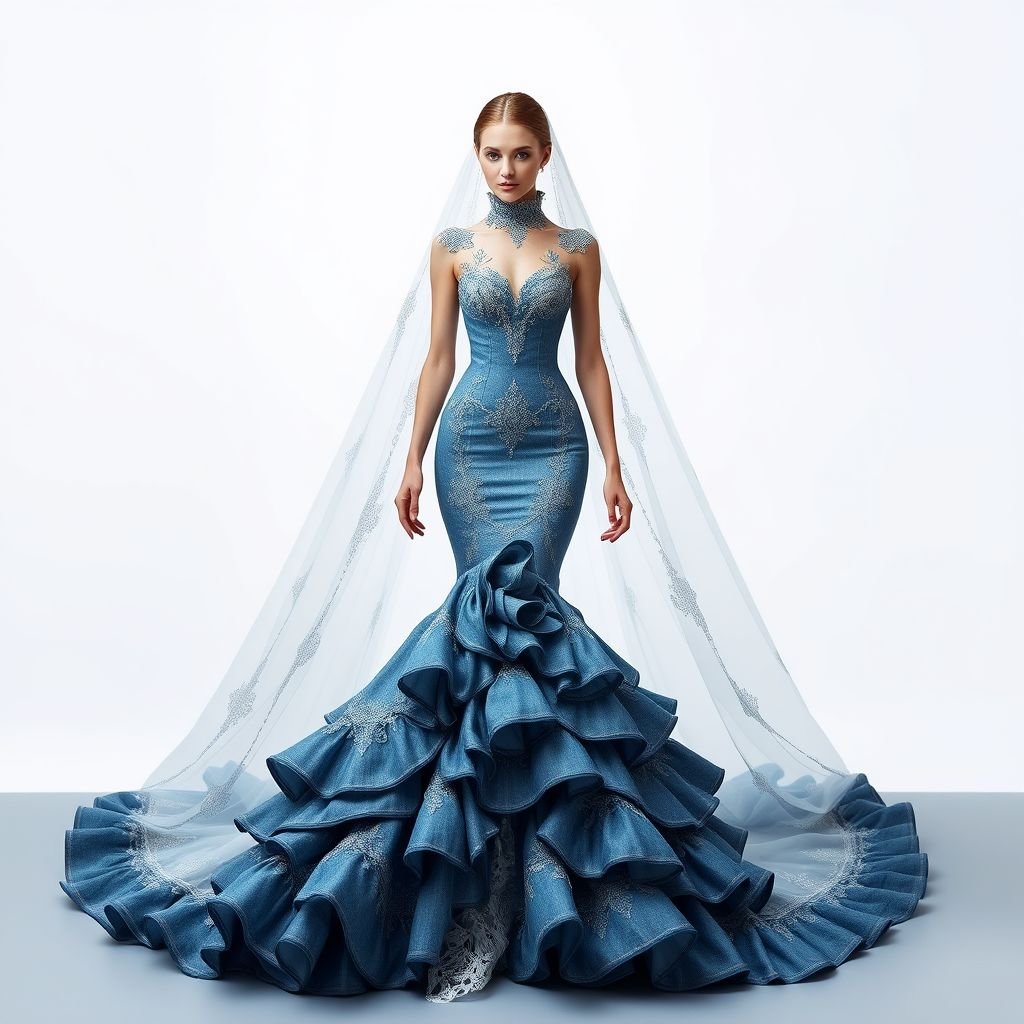 Silk wedding dress for couture with turtle neck finish, an extravagant cap
Design a breathtaking wedding gown blending luxurious silk and classic denim elements. Imagine a figure-hugging silhouette with a high turtle neck adorned with intricate denim embroidery, cascading layers of soft denim ruffles, and an extravagant denim cap veil. Incorporate delicate lace accents for an unexpected twist, merging elegance with contemporary edge.
