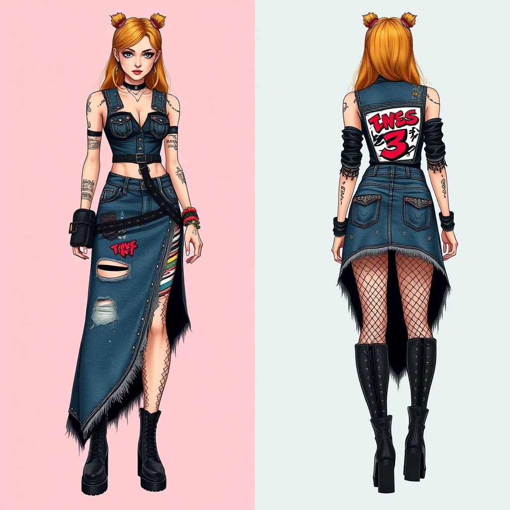 Rhinestones on a asymmetrical long Jean skirt design
Design an asymmetrical long jean skirt adorned with glimmering rhinestones, embracing the raw edge of punk fashion. Incorporate distressed denim with frayed hems, studded patches, and bold graffiti-style prints. Pair it with a layered fishnet underskirt for added texture, and adorn with chunky combat boots and leather accessories for a rebellious touch.