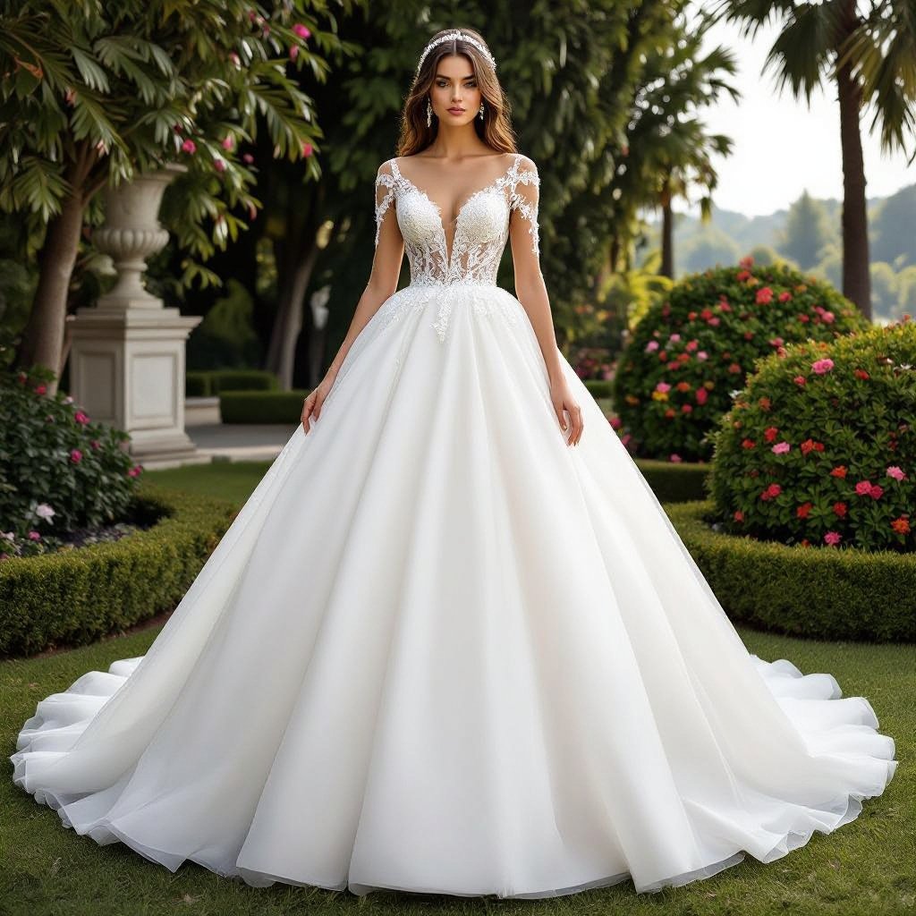 A wedding dress silk and puffy
A wedding dress with a voluminous tulle skirt, a silk bodice, and delicate lace sleeves.