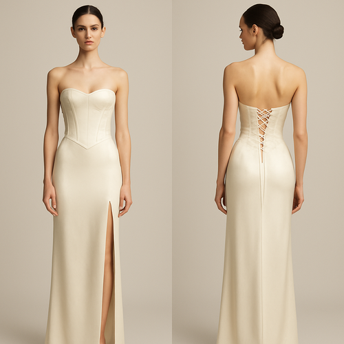 A slim, silk, off white dress with a tight fit with a fake corset vibe to the bodice with lacing at the back and a slit through the side and the skirt passes the ankles no straps AT ALL





