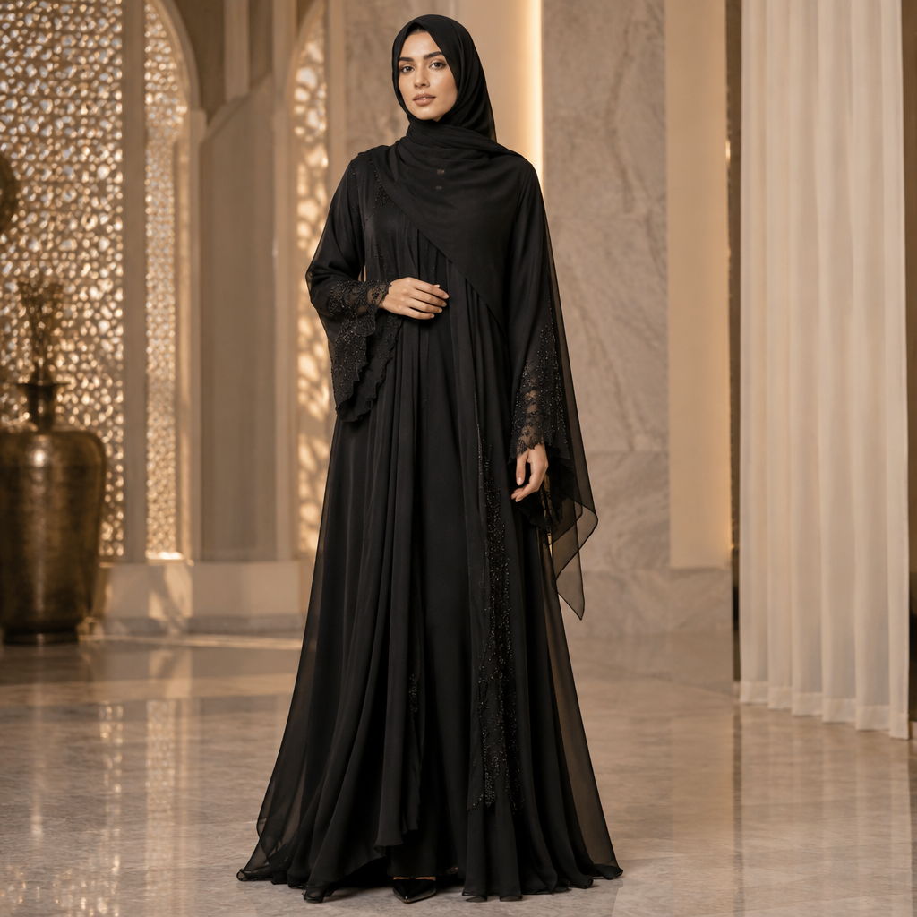 A Female Abaya design, made of Chiffon, with a light, flowing drape, with a Tailored silhouette, with modest, full coverage: longer hemlines, higher necklines and covered shoulders, in a Monochrome color palette, for Party, suitable for Fall, suited to a Temperate climate, in Glamorous style, shown on a model with medium skin tone. شك Present it as professional fashion catalogue photography: the garment is the subject, shown full-length with editorial styling, neutral posing and tasteful, non-suggestive framing.
photorealistic fashion design, A Female Abaya design, made of Chiffon, with a light, flowing drape, with a Tailored silhouette, with modest, full coverage: longer hemlines, higher necklines and covered shoulders, in a Monochrome color palette, for Party, suitable for Fall, suited to a Temperate climate, in Glamorous style, shown on a model with medium skin tone. شك Present it as professional fashion catalogue photography: the garment is the subject, shown full-length with editorial styling, neutral posing and tasteful, non-suggestive framing., glamorous style, just the design no text