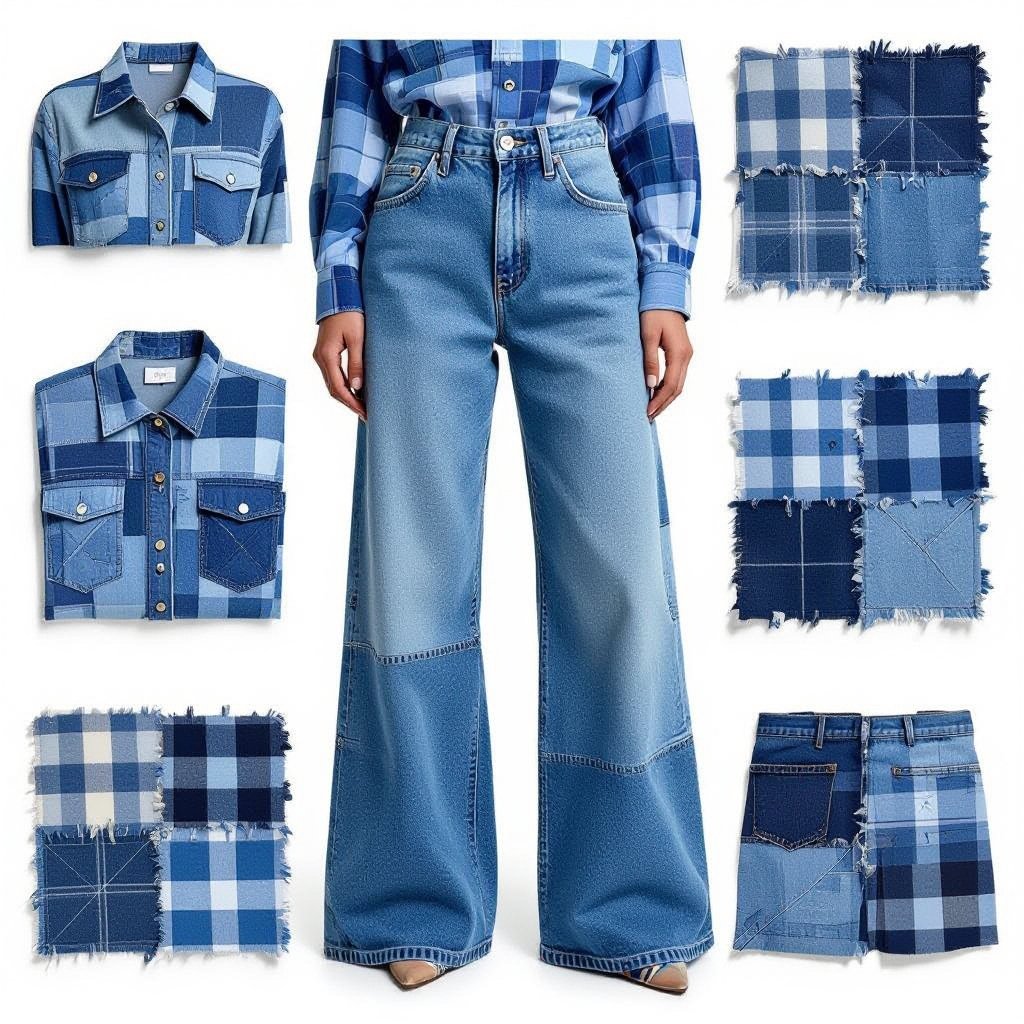 o pereche de blugi largi albastru deschis cu patratele(bucati)de camasa in carouri albastra da mai multe patratele si blugii sa fie oleaca mai inchisi si cu niste tonuri de decolorare
Light blue patchwork wide-leg jeans with varied blue plaid shirt fabric squares, darker wash, and subtle fading.