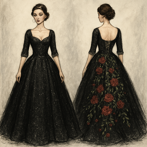 Glittery wedding dress,black color, 1/3 sleeves sleeves. With red roses and green vines embroidered cascading down the back of the dress. Corset top and lace up back.