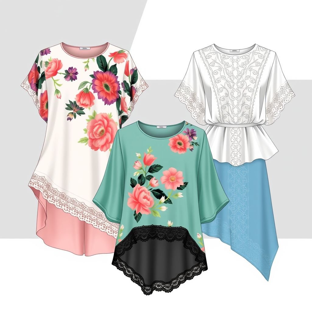I want a variety types of tops and shirts and blouse for ladies
Design an eclectic collection of tops featuring asymmetrical hems, bold graphic prints, and delicate lace accents. Incorporate flowy peplum blouses with vibrant floral patterns, relaxed oversized shirts in soft pastels, and structured crop tops with intricate embroidery. Highlight versatile fabrics like chiffon and silk, blending comfort with modern elegance for every occasion.
