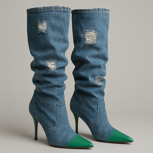Green heel Boots pointy toe denim metireal whith roughed up areas knee high baggy at the calves part