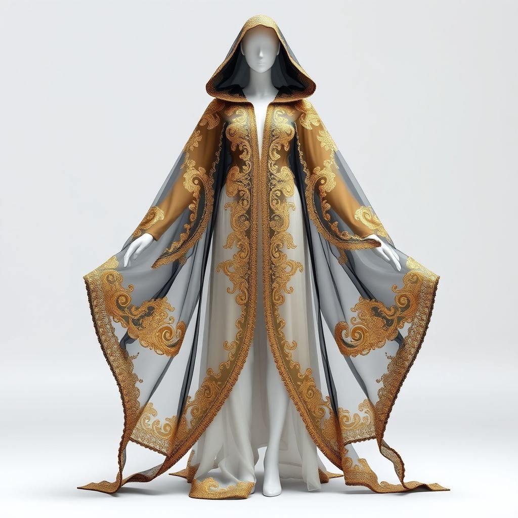 Make me a design of an abaya with Versace motifs. The abaya should be like a cape and depict it on a transparent 3D model.
Create an elegant cape-style abaya featuring intricate Versace motifs, blending luxurious silk with sheer organza. The design should showcase gold baroque patterns that cascade gracefully, adorned with embellished edges. Incorporate flowing sleeves and a subtle hood, all displayed on a luminous transparent 3D model, emphasizing movement and ethereal beauty.
