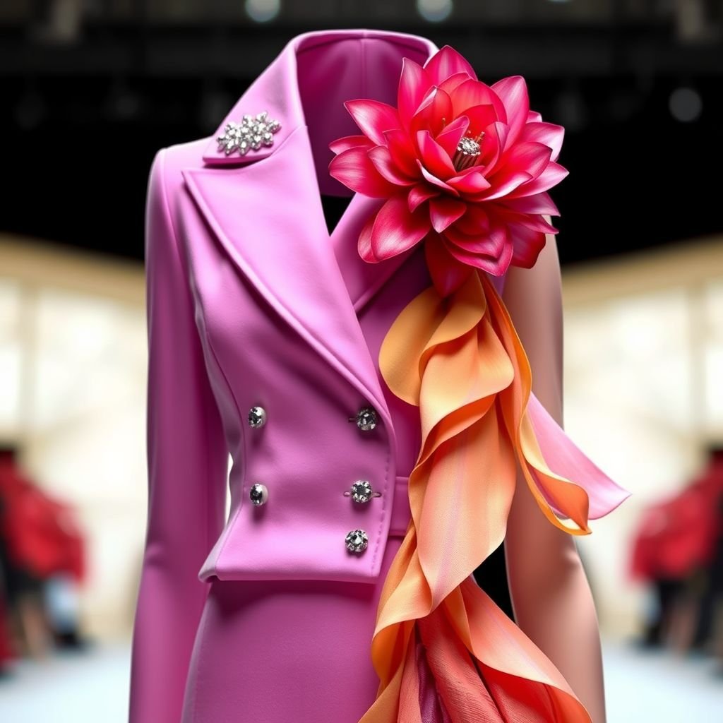 Create a beautiful Gown with structured top that looks like a suit, but one handed and also designed with crystals and on the side that has that has a sleeve. It should have three colors and on the edge of the collar. It should be a flower pedal so that all the other colors look like part of the flower. Make it one sleeve and the collar should start from the right to the left and the base of the collar should be a flower and the three colors that follow it is gonna look like petals join to the flowers. Make the right side sleeveless with the shoulder bare,
Design a breathtaking haute couture gown featuring a tailored, structured top resembling a suit, artfully crafted in a single sleeve style. Adorned with shimmering crystals, the luxurious color palette of three harmonious hues cascades like flower petals. The exquisite collar morphs into a floral silhouette, gracefully encasing the neck and transitioning into petal-like layers, enhancing the asymmetrical beauty of the sleeveless right side. This masterpiece radiates elegance and sophistication, embodying the essence of couture while showcasing innovative design and intricate detailing.