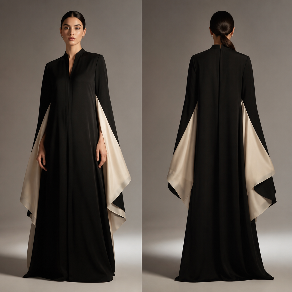 7. Luxury black abaya with soft ivory panels hidden underneath the sleeves and visible only when the arms move, straight black silhouette, unusual sleeve construction, elegant and mysterious, modern couture abaya, not a dress, front and back view.
photorealistic fashion design, 7. Luxury black abaya with soft ivory panels hidden underneath the sleeves and visible only when the arms move, straight black silhouette, unusual sleeve construction, elegant and mysterious, modern couture abaya, not a dress, front and back view., just the design no text, show front and back