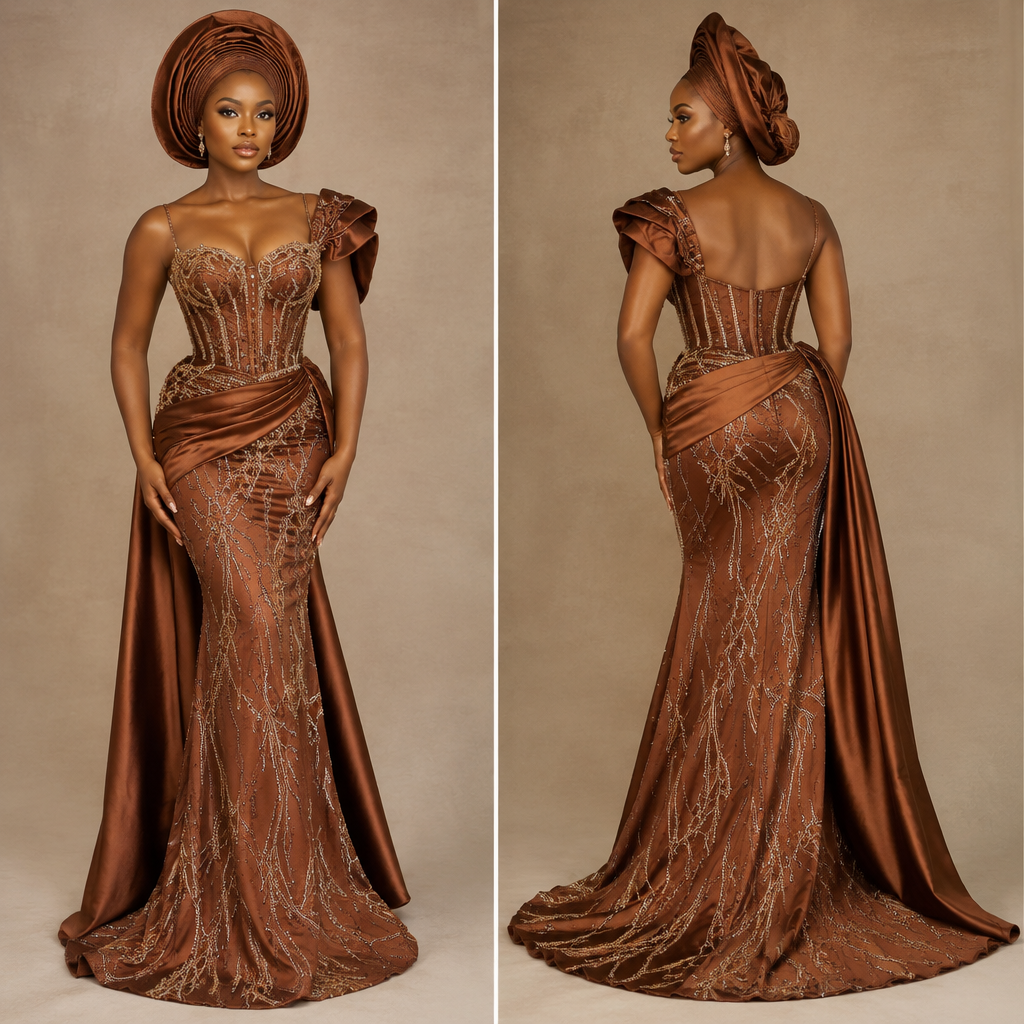 an evening wear. Nigeria fashion aesthetics. Present it as professional fashion catalogue photography: the garment is the subject, shown full-length with editorial styling, neutral posing and tasteful, non-suggestive framing.
photorealistic fashion design, an evening wear. Nigeria fashion aesthetics. Present it as professional fashion catalogue photography: the garment is the subject, shown full-length with editorial styling, neutral posing and tasteful, non-suggestive framing., just the design no text