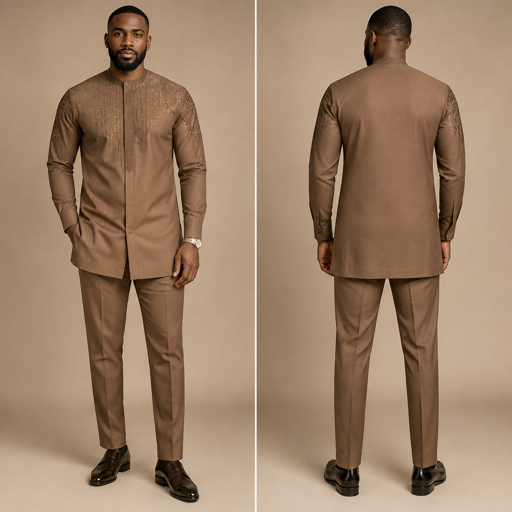 Create a premium Nigerian men’s native two-piece outfit with a subtle luxury monogram motif. Use a rich, elegant fabric with a clean, sophisticated finish. The top should be a modern, well-tailored long-sleeve native shirt with a slightly structured neckline and a concealed front opening. Add delicate, understated embroidery in a slightly darker shade of the same color, forming an elegant monogram-inspired pattern across the upper chest and subtly extending toward the sleeves. Keep the embroidery refined and not overly busy. Pair it with perfectly tailored matching trousers with a clean, straight-to-slim modern cut. No Agbada, no robe, no cape, no drawstring or rope. The overall look should be masculine, luxurious, Nigerian, contemporary, and suitable for a high-end bespoke fashion designer. Full-body fashion photograph, front view, realistic fabric texture, premium tailoring.
photorealistic fashion design, Create a premium Nigerian men’s native two-piece outfit with a subtle luxury monogram motif. Use a rich, elegant fabric with a clean, sophisticated finish. The top should be a modern, well-tailored long-sleeve native shirt with a slightly structured neckline and a concealed front opening. Add delicate, understated embroidery in a slightly darker shade of the same color, forming an elegant monogram-inspired pattern across the upper chest and subtly extending toward the sleeves. Keep the embroidery refined and not overly busy. Pair it with perfectly tailored matching trousers with a clean, straight-to-slim modern cut. No Agbada, no robe, no cape, no drawstring or rope. The overall look should be masculine, luxurious, Nigerian, contemporary, and suitable for a high-end bespoke fashion designer. Full-body fashion photograph, front view, realistic fabric texture, premium tailoring., just the design no text, show front and back