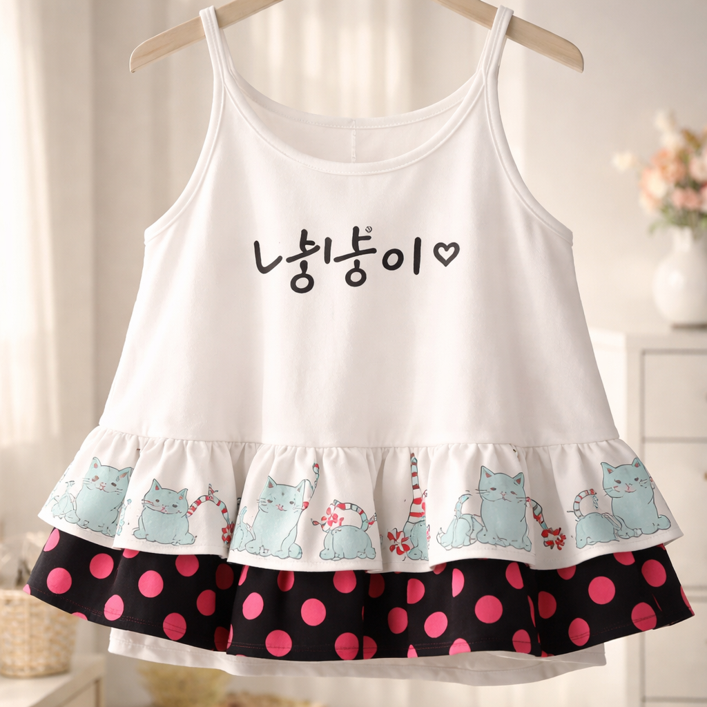 cute white cotton feminine tank top. put random asian graffiti in black lettering in a few random places on the shirt. make 2 additional layers at the bottom. one layer is black with big hot pink polka dots. the next layer is line drawings of cute aqua cats with red stripes.
Korean Fashion fashion design: Cute white cotton tank top with an **oversized, relaxed fit**. **Droopy silhouette**. **Minimalist** black Korean-style graffiti lettering. Two tiered ruffles at the hem. The first is a black and hot pink large polka dot cotton. The next tier is **simple line drawings** of aqua cats with red stripes.