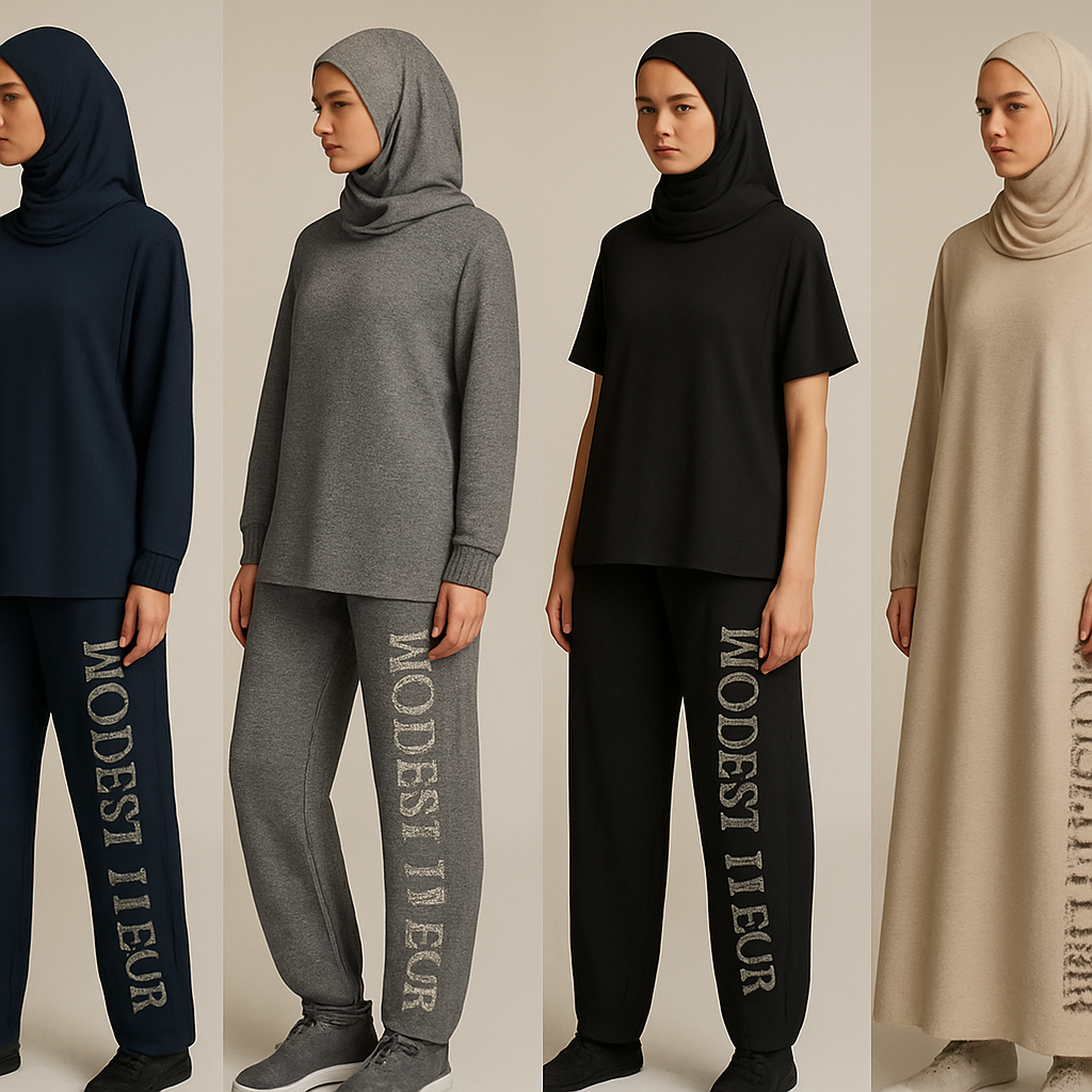 Create a revolutionary women’s modest loose gym wear brand called “Modest Fleur”. Display the brand name on the garments in a unique stone design on the side, exuding a classy and sophisticated vibe. I’d like four designs, each showcasing different styles and fabrics, with high-end, unique chic designs to make them truly special.
Create a revolutionary women’s modest loose gym wear brand called “Modest Fleur”. Display the brand name on the garments in a unique stone design on the side, exuding a classy and sophisticated vibe. I’d like four designs, each showcasing different styles and fabrics, with high-end, unique chic designs to make them truly special.