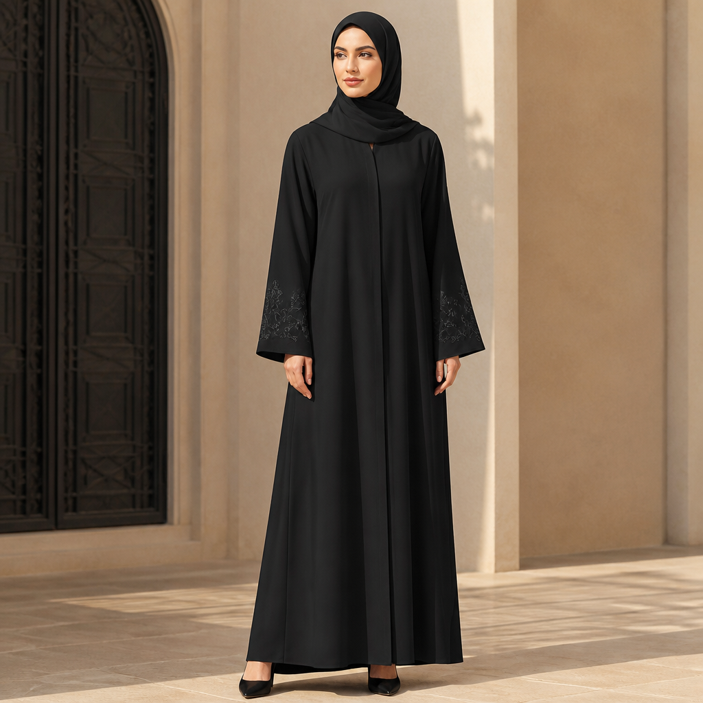 عباية سوداء باكمام طويلة مع طرز خفيف على الاكمام. Algeria fashion aesthetics. Present it as professional fashion catalogue photography: the garment is the subject, shown full-length with editorial styling, neutral posing and tasteful, non-suggestive framing.
photorealistic fashion design, عباية سوداء باكمام طويلة مع طرز خفيف على الاكمام. Algeria fashion aesthetics. Present it as professional fashion catalogue photography: the garment is the subject, shown full-length with editorial styling, neutral posing and tasteful, non-suggestive framing., just the design no text