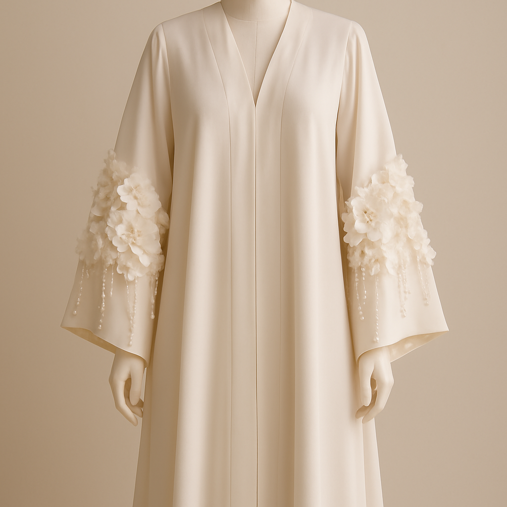 The Pearl Blossom Aura Abaya
Tone: Ivory or cream gold
Design:
Soft 3D blossoms around the sleeves, paired with delicate pearl strings hanging lightly.
Embellishment:
Creamy pearls + small champagne crystals.
Vibe: Bridal, gentle, luxurious purity.

The Pearl Blossom Aura Abaya
Tone: Ivory or cream gold
Design:
Soft 3D blossoms around the sleeves, paired with delicate pearl strings hanging lightly.
Embellishment:
Creamy pearls + small champagne crystals.
Vibe: Bridal, gentle, luxurious purity.