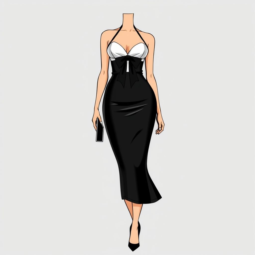 White halter neck shirt top with a black bow tie exposing shoulders . The halter neck top joins to a sweetheart bodice black and the bottom is also black from the waist down to the knees it should be tight fitting the round flare out is at the knees
Envision an elegant evening look with a white halter neck top showcasing a delicate black bow tie, perfectly framing exposed shoulders. The sweetheart bodice seamlessly transitions into a sleek, fitted black pencil skirt, accentuating curves. Just below the knees, the skirt elegantly flares out, creating dramatic movement and sophisticated allure. Complete the outfit with stiletto heels and a sleek clutch for a chic, timeless ensemble.