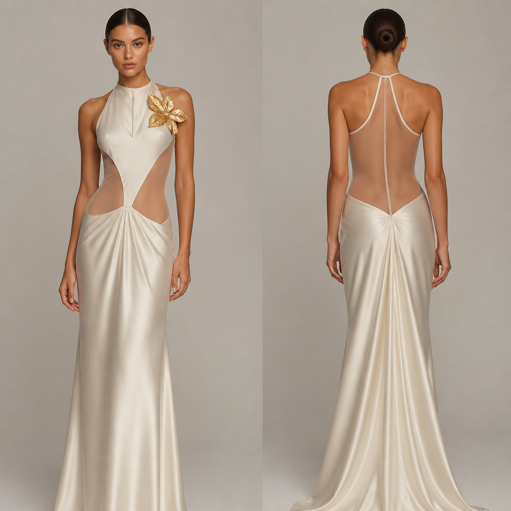 A Female Dress design, suitable for Summer. λοιπόν το ύφασμα του ρούχου είναι σατέν ελαφρώς γυαλιστερό θαμπός η μέση και η πλάτη είναι μια διαφάνεια σαν αυτή στο καλσόν με ελαστική οστε να εφαρμοστεί ακριβώς στο σώμα το λουλούδι είναι χρυσό. Greece fashion aesthetics.
photorealistic fashion design, A Female Dress design, suitable for Summer. λοιπόν το ύφασμα του ρούχου είναι σατέν ελαφρώς γυαλιστερό θαμπός η μέση και η πλάτη είναι μια διαφάνεια σαν αυτή στο καλσόν με ελαστική οστε να εφαρμοστεί ακριβώς στο σώμα το λουλούδι είναι χρυσό. Greece fashion aesthetics., just the design no text