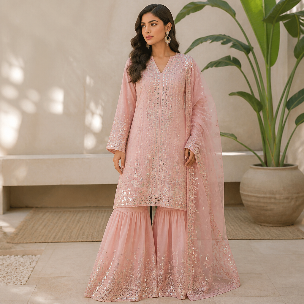 A Female Dress design, suitable for Summer. Consider Pakistani fashion — shalwar kameez, gharara, sharara; lawn fabrics, chiffon; intricate embroidery and mirror work. Current season is Summer in Pakistan.
photorealistic fashion design, A Female Dress design, suitable for Summer. Consider Pakistani fashion — shalwar kameez, gharara, sharara; lawn fabrics, chiffon; intricate embroidery and mirror work. Current season is Summer in Pakistan., just the design no text