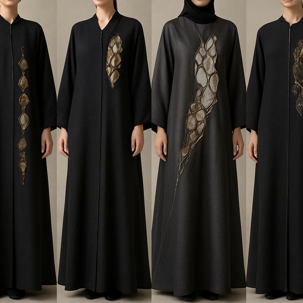Create a modest abaya that's the first of its kind, featuring a unique stone design that exudes a classy and sophisticated vibe. I'd like four designs, each showcasing different styles and fabrics.
Incorporate high-end, unique chic stone designs to make them truly special. Add a little sophisticated stone work to it.

Create a modest abaya that's the first of its kind, featuring a unique stone design that exudes a classy and sophisticated vibe. I'd like four designs, each showcasing different styles and fabrics.
Incorporate high-end, unique chic stone designs to make them truly special. Add a little sophisticated stone work to it.