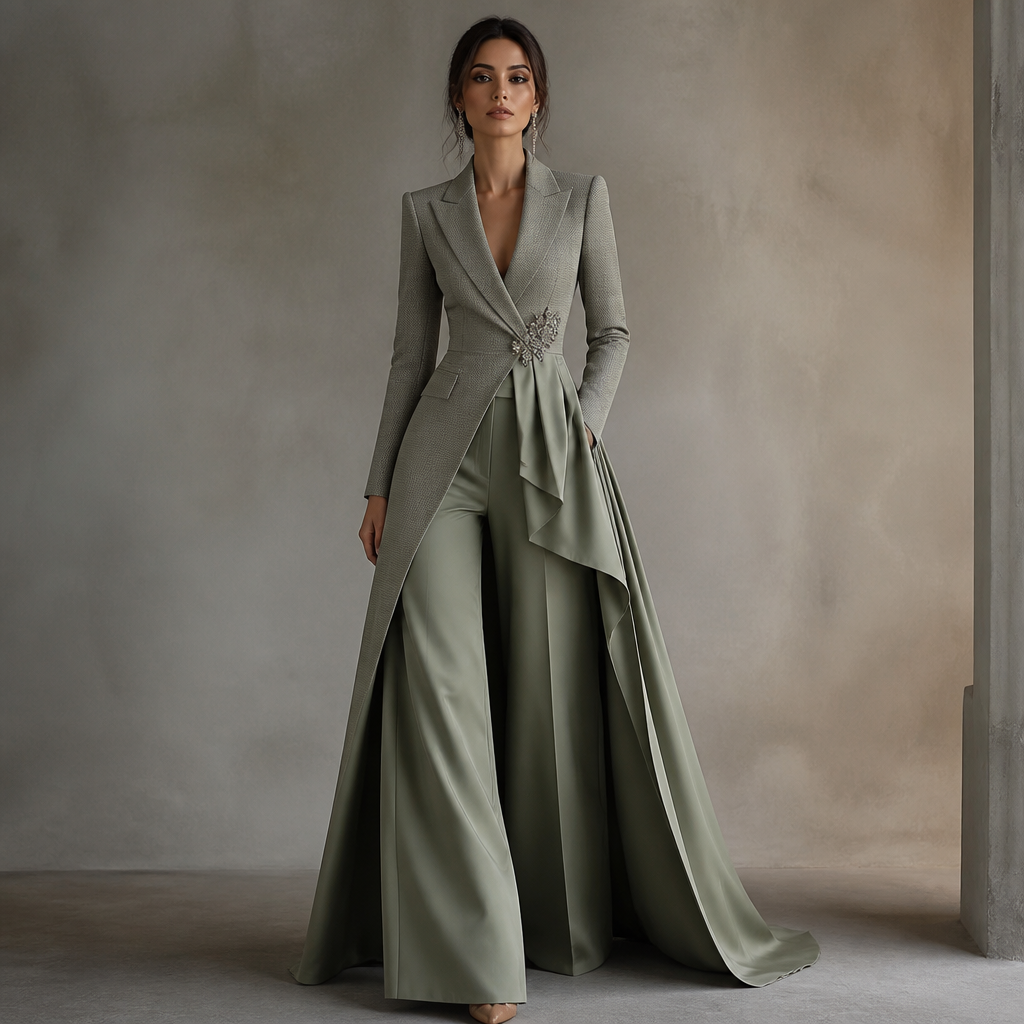 Create a formal suit for women in elegant gray fabric, bottoms is a super wide leg pants with quarter gown not too flowing on both sides in sage color, showing the pants
photorealistic fashion design, Create a formal suit for women in elegant gray fabric, bottoms is a super wide leg pants with quarter gown not too flowing on both sides in sage color, showing the pants
, glamorous style, just the design no text