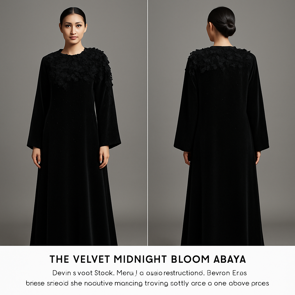 The Velvet Midnight Bloom Abaya
Tone: Deep velvet black
Fabric: Heavy velvet–crepe blend
Design:
A dense cluster of 3D velvet flowers around the neckline flowing softly across one sleeve.
Embellishment:
Black Swarovski stones scattered like stars.
Vibe:
Royal, powerful, and irresistibly classy.
The Velvet Midnight Bloom Abaya
Tone: Deep velvet black
Fabric: Heavy velvet–crepe blend
Design:
A dense cluster of 3D velvet flowers around the neckline flowing softly across one sleeve.
Embellishment:
Black Swarovski stones scattered like stars.
Vibe:
Royal, powerful, and irresistibly classy., show front and back