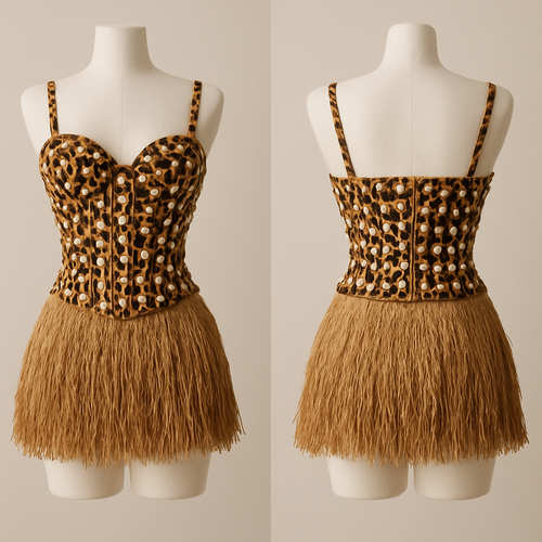 Raphia skirt
Leopard corset with cowries all over it
Can you make the skirt shorter 


