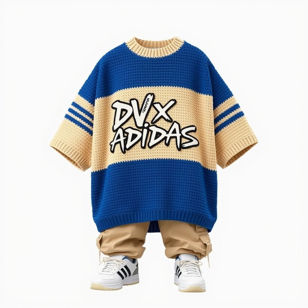 A blue and beige two toned crochet shirt, that says “DV X Adidas” on it, with 3stripes
Design an oversized blue and beige two-toned crochet shirt, embodying urban streetwear vibes. It features "DV X Adidas" emblazoned across the chest in bold graffiti-style typography, while iconic three stripes run down the sleeves, merging comfort with high-fashion flair. Complete the look with baggy cargo pants and chunky sneakers.