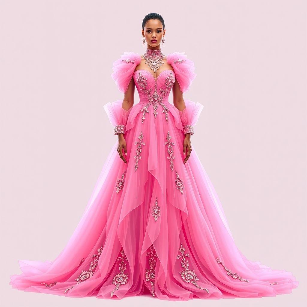 Create me a unique pink met gala dress that resembles something rhianna would wear, but I want it to be modest and empowers a Met Gala look. Put “DV” on it somewhere
Design a breathtaking pink Met Gala dress that embodies pure glamor, reminiscent of Rihanna's iconic style. The gown features a structured silhouette with cascading tulle layers, elegant long sleeves, and a high neck. Adorn it with opulent crystals and intricate embroidery, while subtly incorporating “DV” into the design for a personalized, empowering touch.