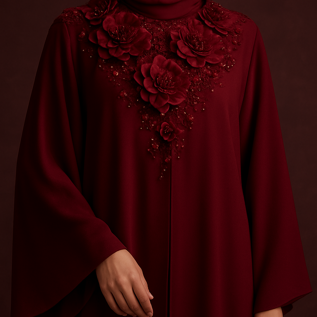 The Ruby Flora Majesty Abaya
Tone: Deep dark ruby
Design:
Large layered 3D ruby florals arranged around the neckline like a luxury necklace.
Embellishment:
Red glass stones and micro-beads giving a regal shine.
Vibe: Soft royalty + deep sensual luxury.

The Ruby Flora Majesty Abaya
Tone: Deep dark ruby
Design:
Large layered 3D ruby florals arranged around the neckline like a luxury necklace.
Embellishment:
Red glass stones and micro-beads giving a regal shine.
Vibe: Soft royalty + deep sensual luxury.