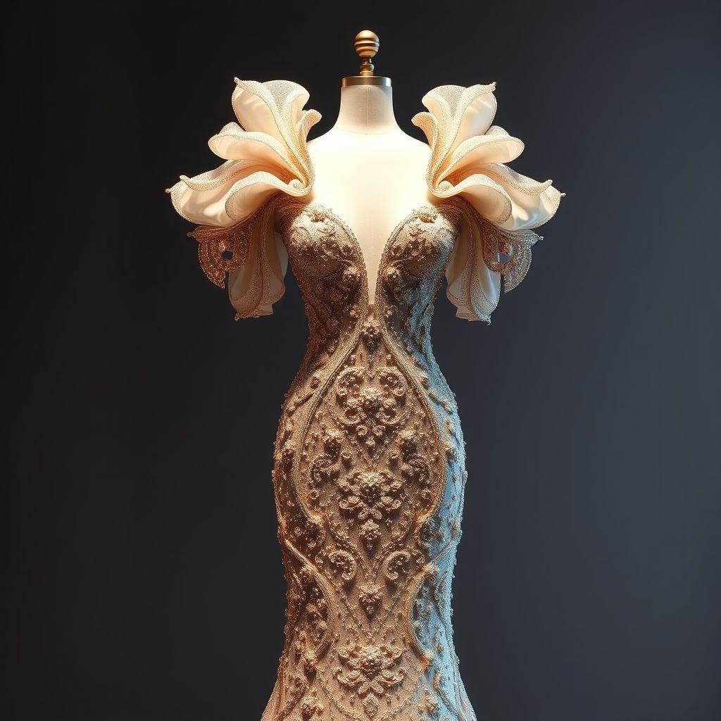 I want a long richly beaded dress with 3d structures around the shoulder and hip
Design a breathtaking haute couture gown that seamlessly combines opulence and geometry. Envision an elongated silhouette adorned with intricate beadwork that glistens in the light. Around the shoulders, sculptural 3D fabric structures bloom like architectural masterpieces, while cascading embellishments at the hips create a dramatic flair, embodying modern elegance and artistry.